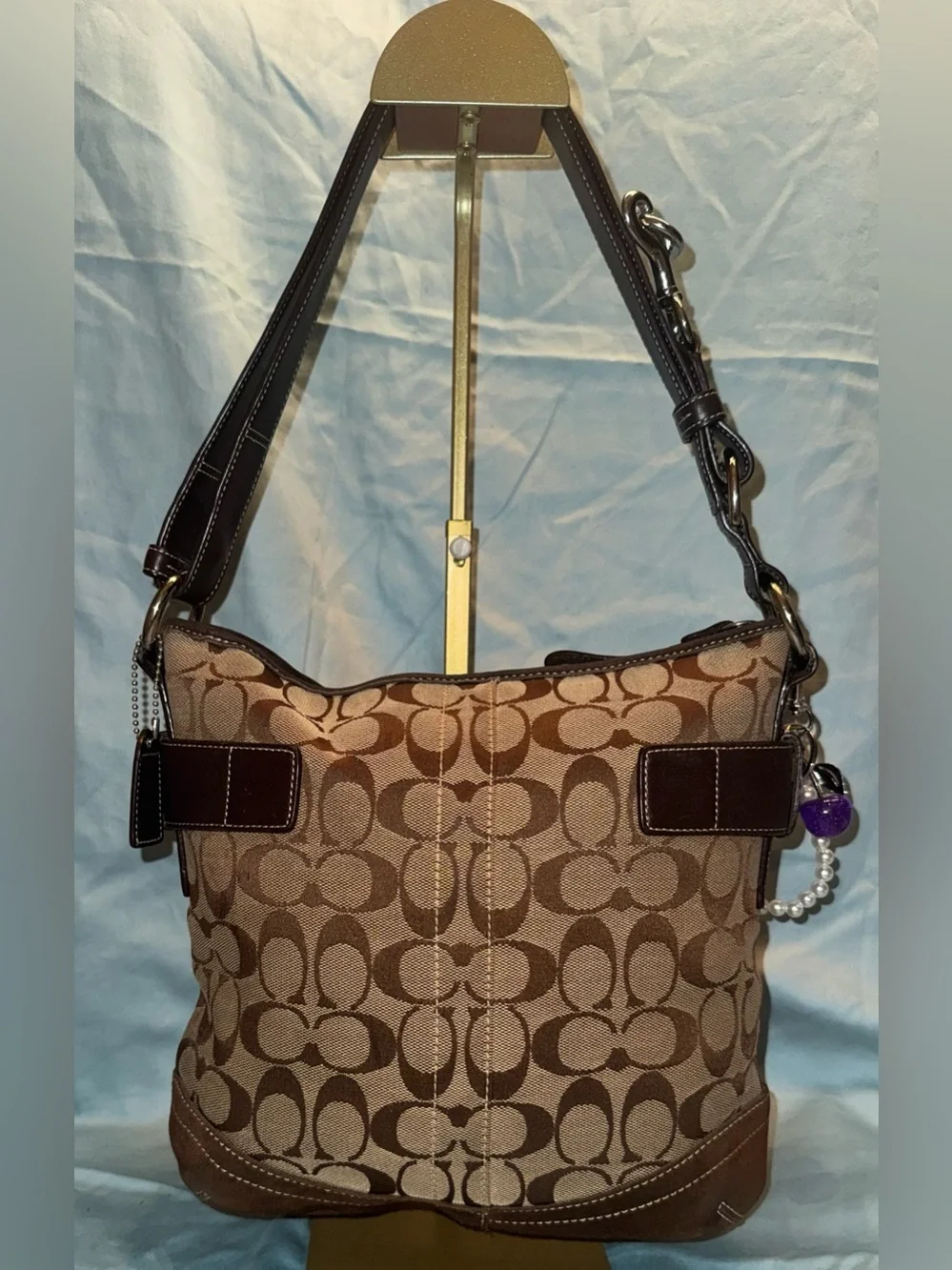 Coach 3574 Soho Signature Jacquard Tan & Brown with Brown Suede Shoulder Bag